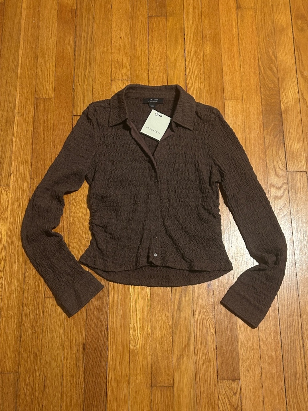 NWT AllSaints Connie Ruched Brown Shirt Women’s 10